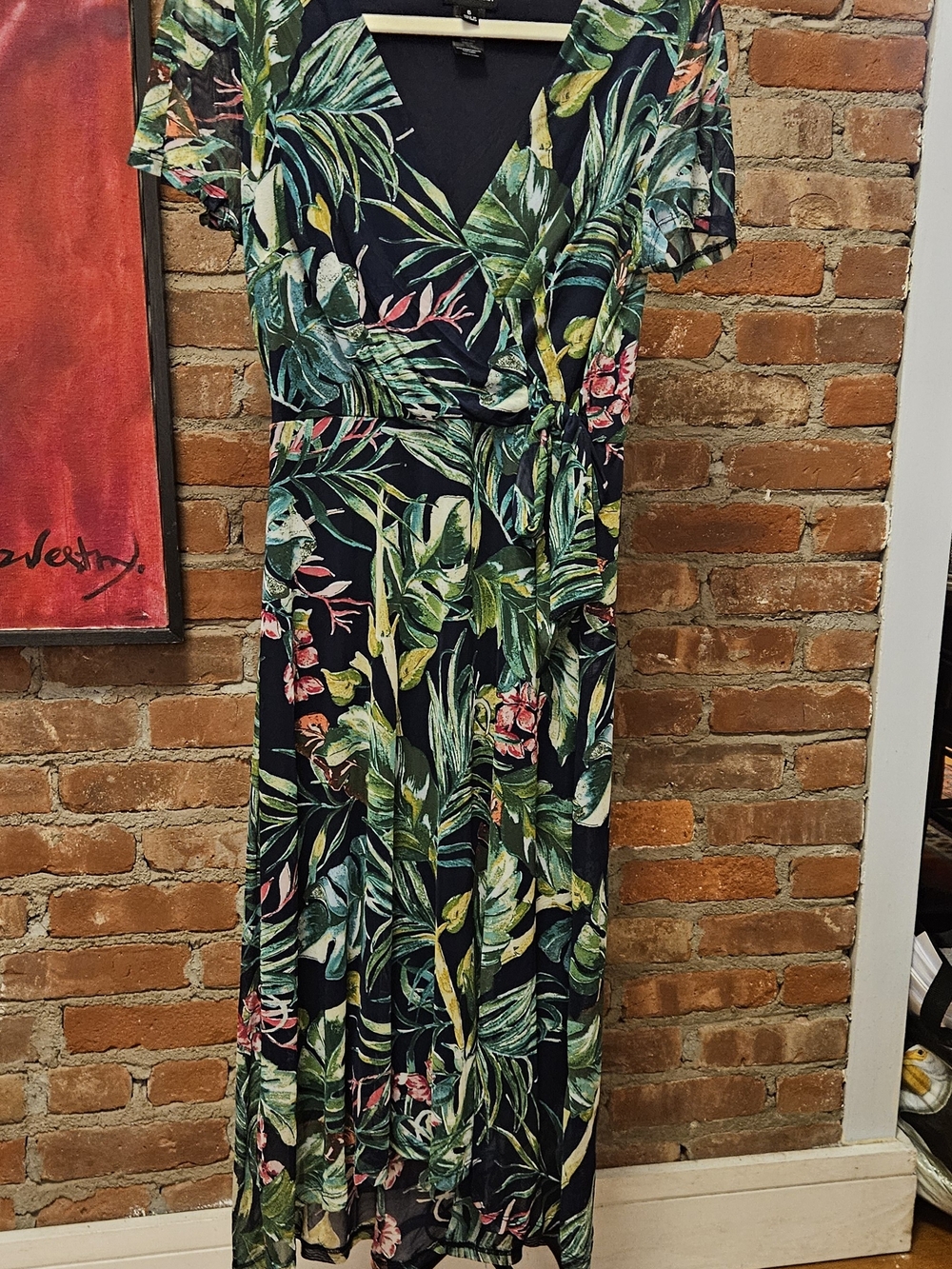 Floral Midi Wrap Dress in Black with Green Print & Side Waist Tie